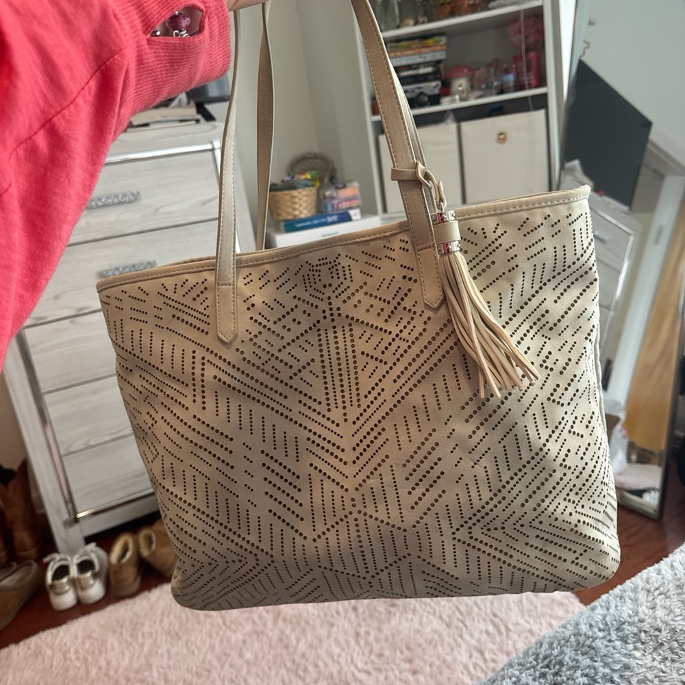 Nine West Perforated Diamond Pattern Tote with Tassel in Beige